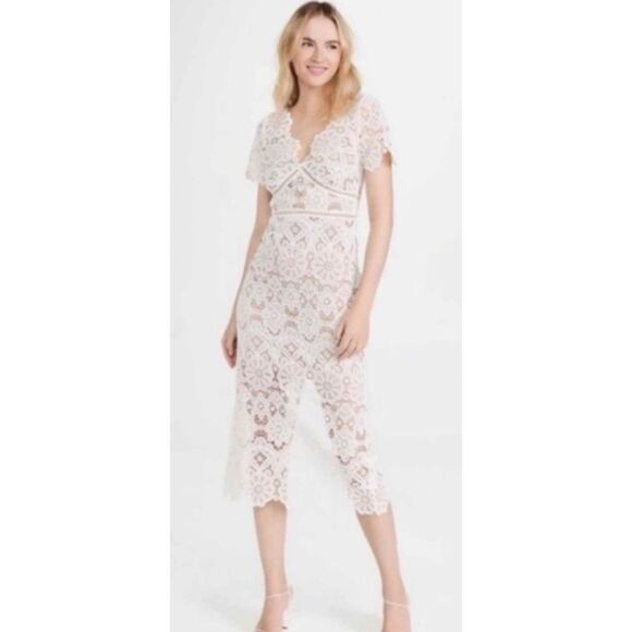 Self Portrait Guipure V-Neck Lace  Midi Dress in Beige NWT Size 2 - Picture 1 of 9